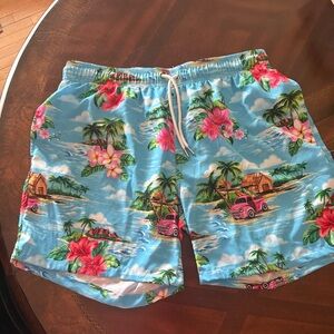 Source Unknown Light Blue Tropical Print Swim Trunks with Pink Hibiscus